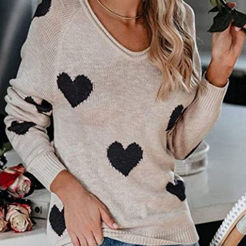 Women's Heart Print V-Neck Knitted Sweater